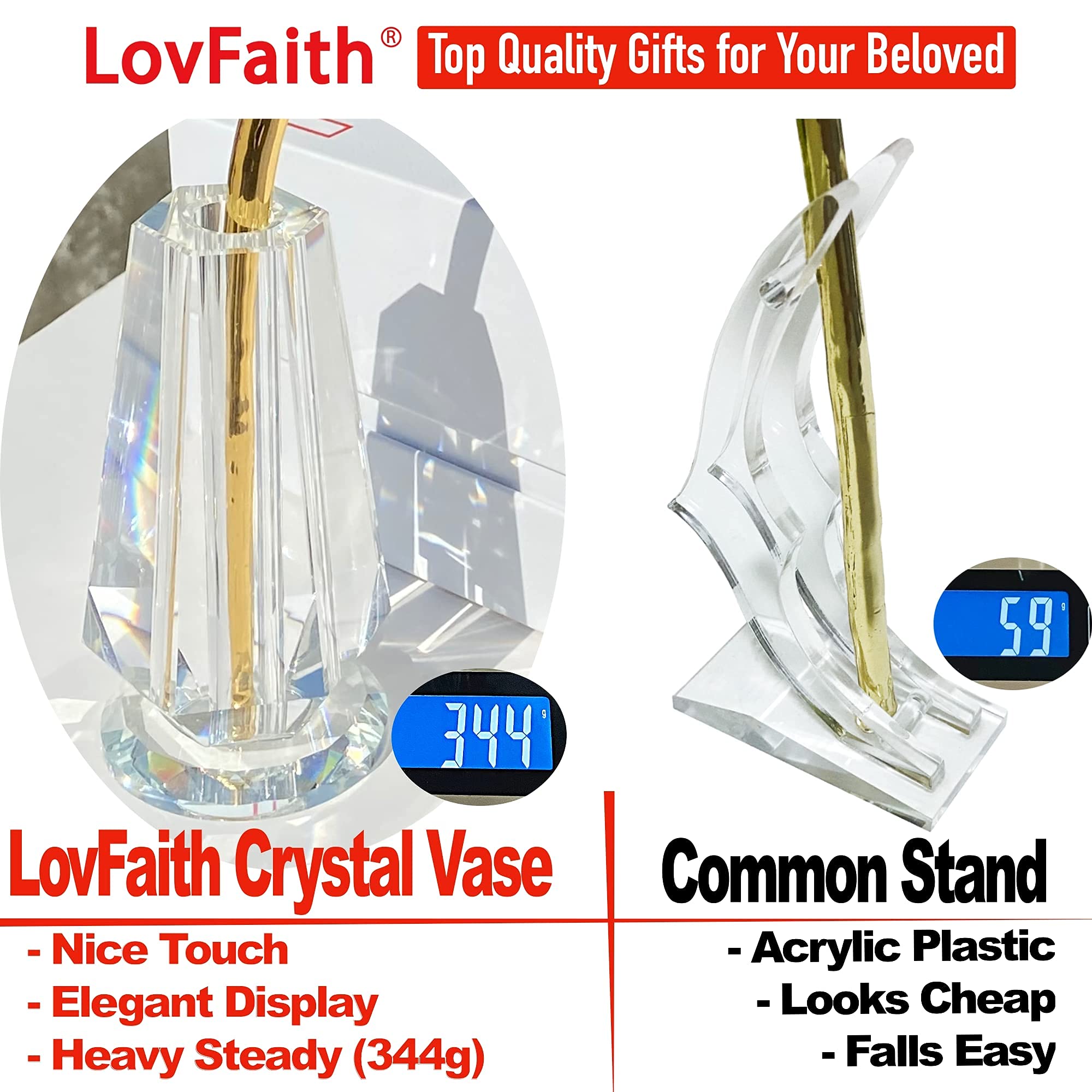 LovFaith Real Rose Dipped 24K Gold, with Crystal Vase, Gift for Her mom Wife Mother Day Anniversary Valentines Day