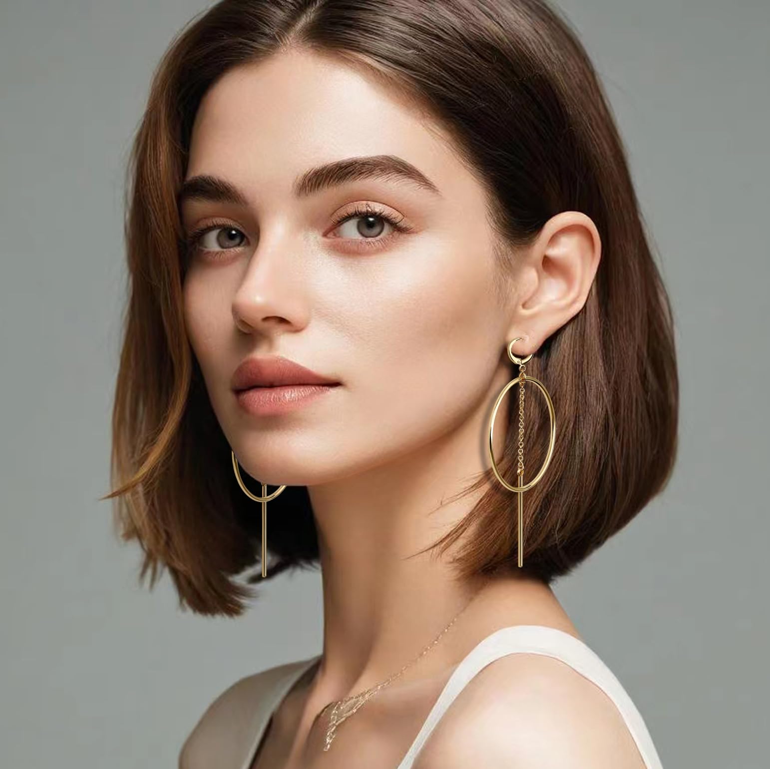 14k Gold Hoops Earrings for Women, High Polished Dangly Bar earrings Cute and Aesthetic Women Girls