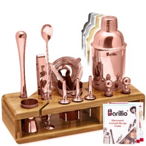 copper mixology bartender kit cocktail shaker set by barillio: rose gold drink mixer set with bar tools, muddler, mixing spoon, jigger, strainer, sleek bamboo stand & recipes booklet