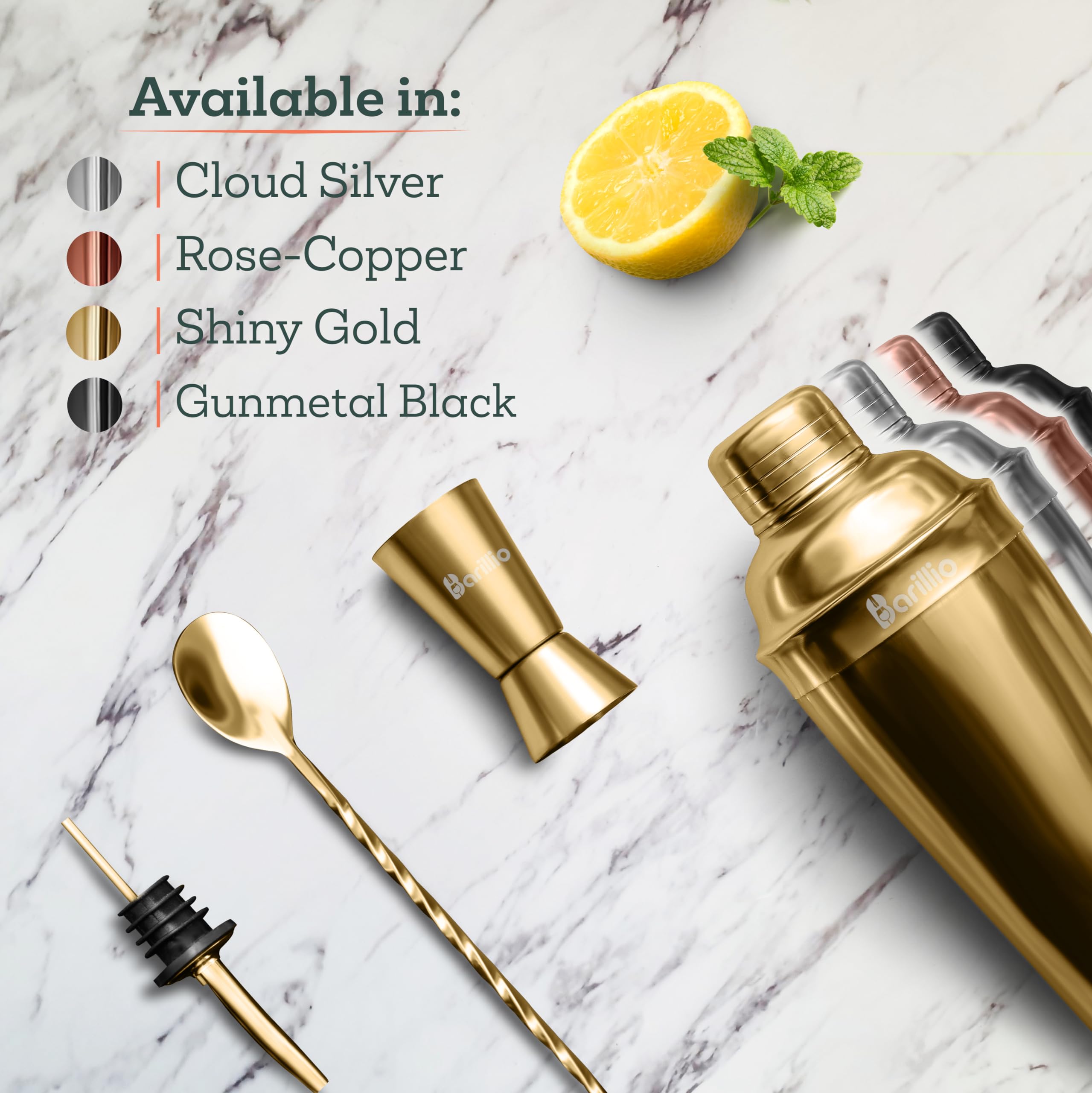 Gold Cocktail Shaker Set Bartender Kit by BARILLIO: 24 oz Stainless Steel Martini Mixer, Muddler, Mixing Spoon, Jigger, 2 Liquor pourers, Velvet Bag, Recipes Booklet & eBook…
