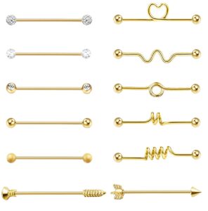 masedy 12pcs 14g 316l stainless steel industrial barbell earrings for women men cartilage helix piercing gold