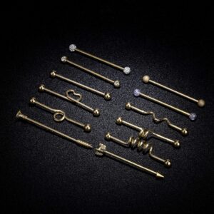 Masedy 12Pcs 14G 316L Stainless Steel Industrial Barbell Earrings for Women Men Cartilage Helix Piercing Gold
