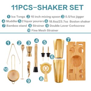 AUOXIOUYM 11-Pcs Cocktail Shaker Set Gold,Bartending Kit Stainless Steel Shakers 25oz Bar Kits for Bartender Mixing Set Barware Tool Sets for Professional Bartender and Home