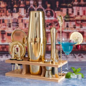 AUOXIOUYM 11-Pcs Cocktail Shaker Set Gold,Bartending Kit Stainless Steel Shakers 25oz Bar Kits for Bartender Mixing Set Barware Tool Sets for Professional Bartender and Home