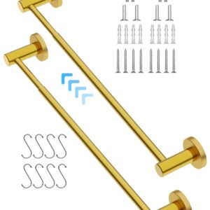 2 Pack Adjustable 16 to 27.6 Inch Single Gold Towel Bar, iMomwee SUS304 Stainless Steel Bath Towel Holder, Wall Mounted Towel Rail for Bathroom Kitchen Washroom, 1" Diameter Towel Rod with S Hooks