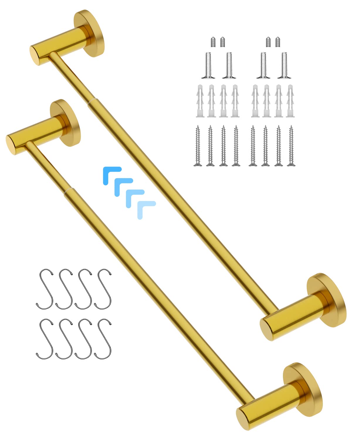 2 Pack Adjustable 16 to 27.6 Inch Single Gold Towel Bar, iMomwee SUS304 Stainless Steel Bath Towel Holder, Wall Mounted Towel Rail for Bathroom Kitchen Washroom, 1" Diameter Towel Rod with S Hooks