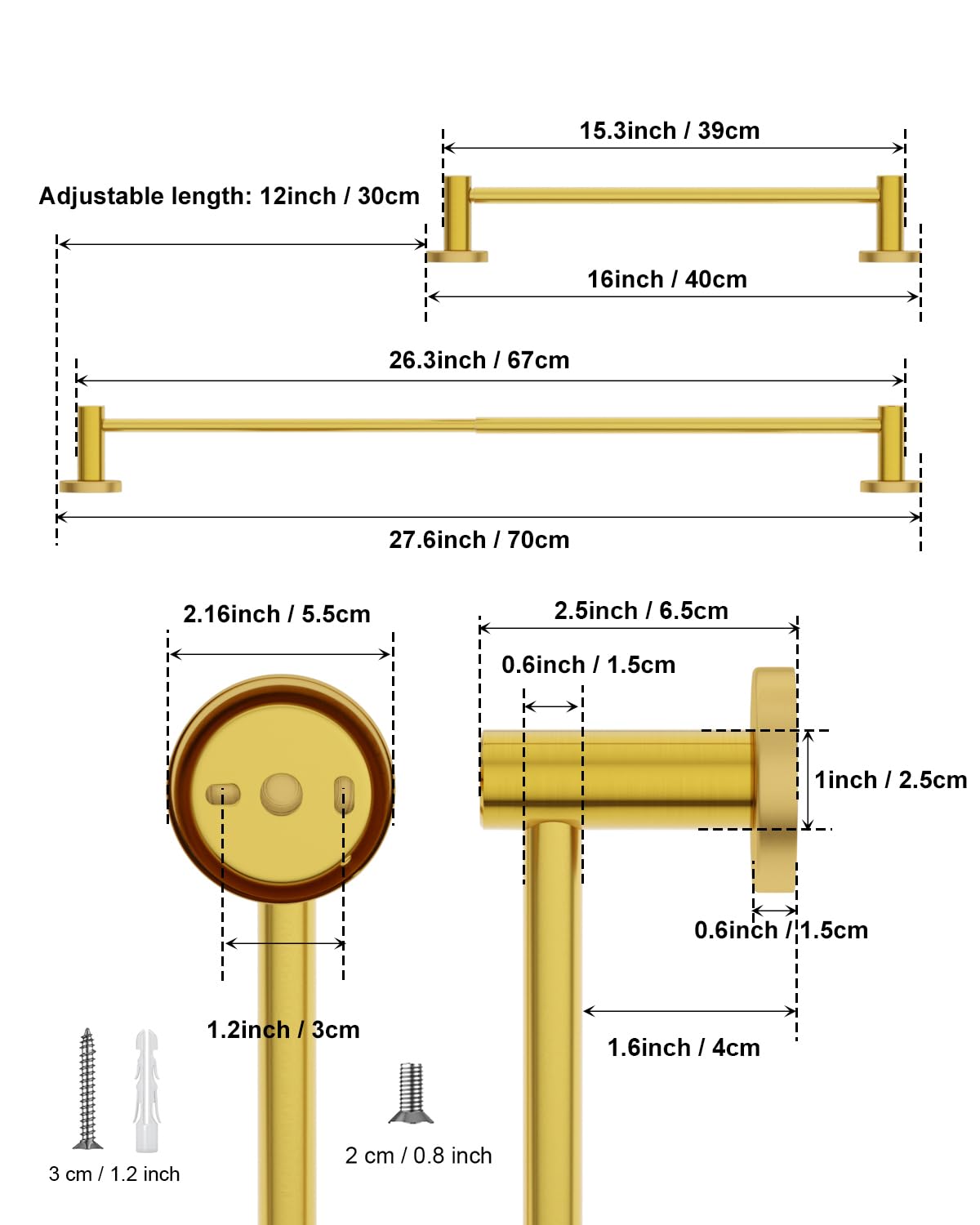 2 Pack Adjustable 16 to 27.6 Inch Single Gold Towel Bar, iMomwee SUS304 Stainless Steel Bath Towel Holder, Wall Mounted Towel Rail for Bathroom Kitchen Washroom, 1" Diameter Towel Rod with S Hooks