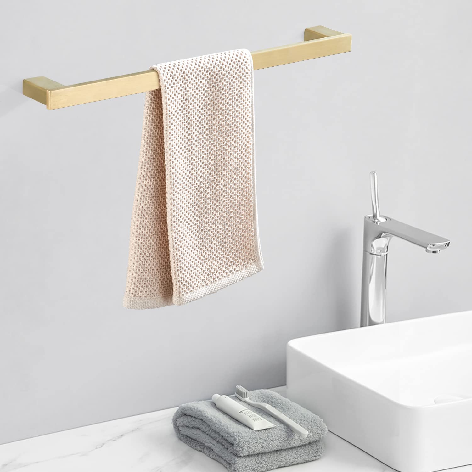 BATHSIR 24 Inch Brushed Gold Towel Bar, Gold Towel Rack Bathroom Towel Holder Square Wall Mounted Stainless Steel