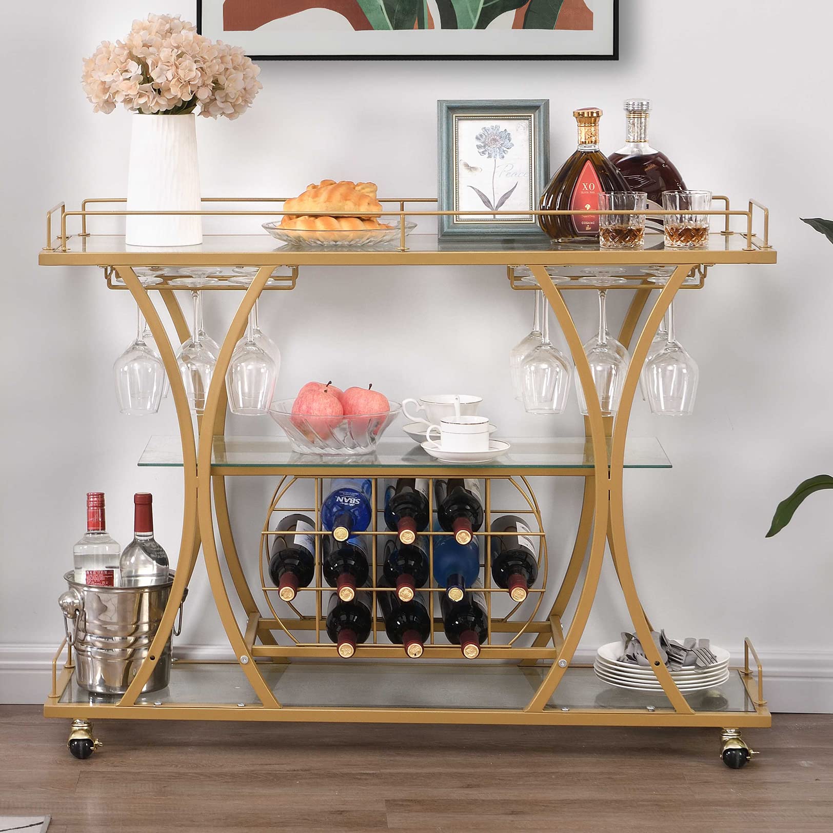 HOMYSHOPY Bar Serving Cart with Glass Holder and Wine Rack, 3-Tier Kitchen Trolley Tempered Shelves Gold-Finished Metal Frame, Mobile for Home (Gold)