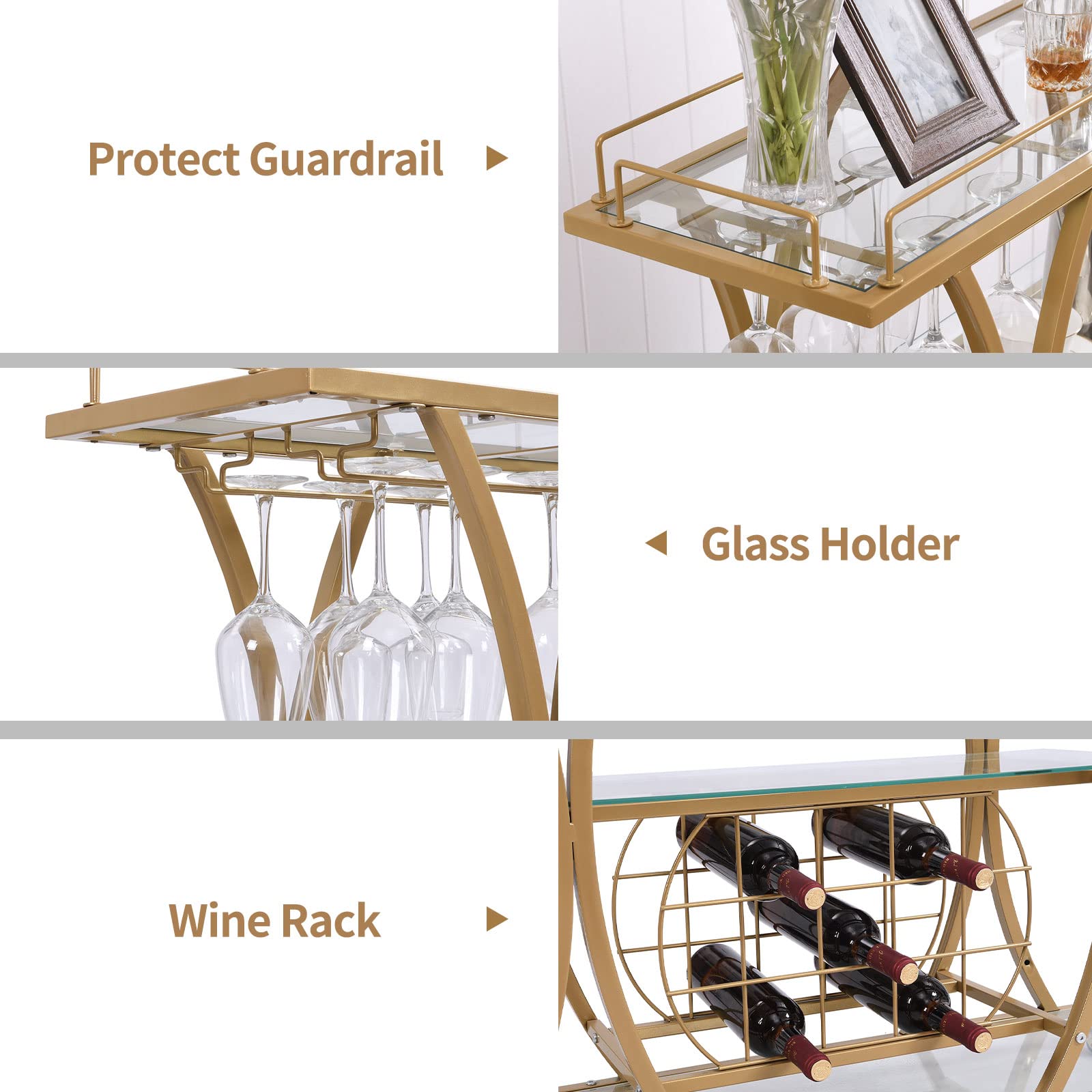 HOMYSHOPY Bar Serving Cart with Glass Holder and Wine Rack, 3-Tier Kitchen Trolley Tempered Shelves Gold-Finished Metal Frame, Mobile for Home (Gold)