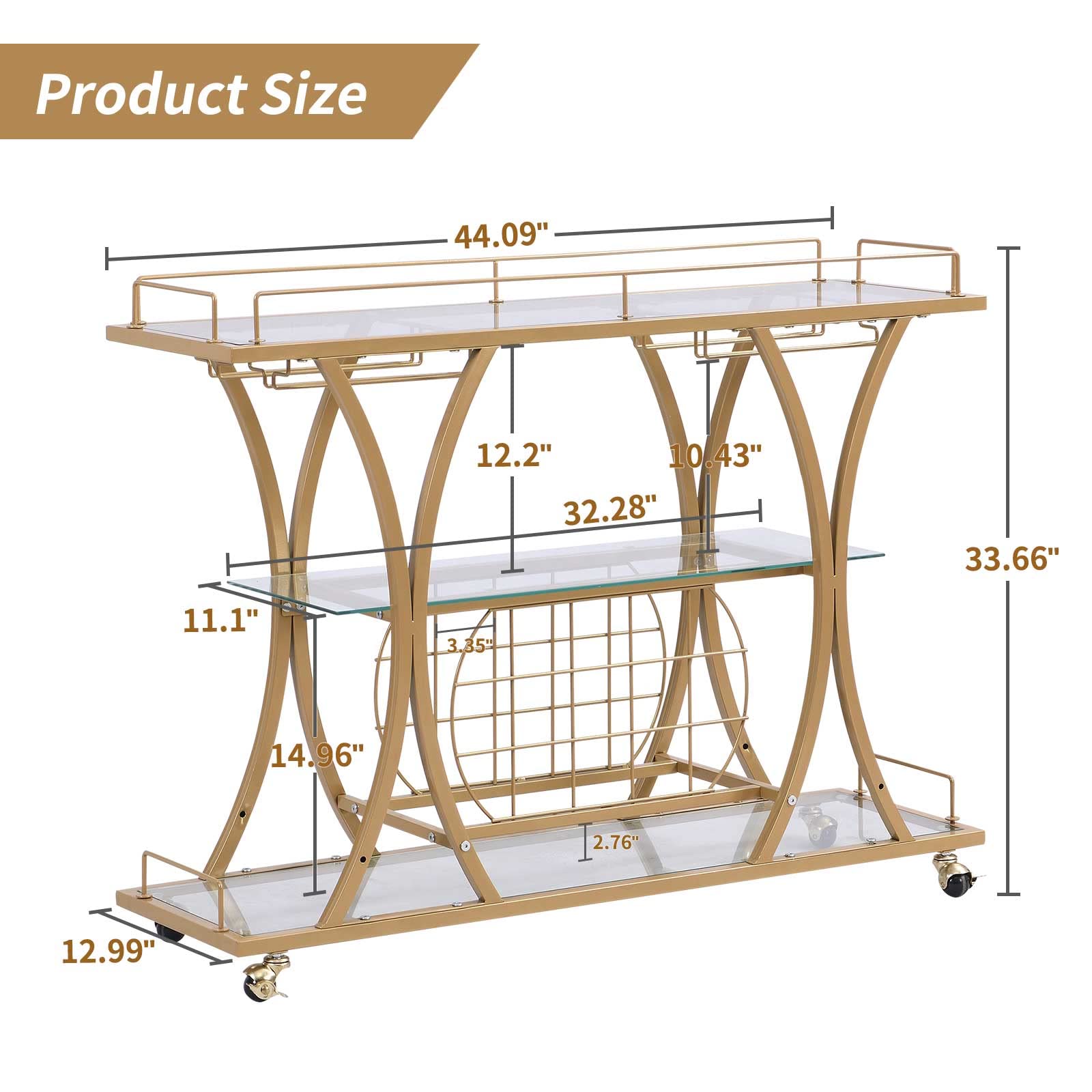HOMYSHOPY Bar Serving Cart with Glass Holder and Wine Rack, 3-Tier Kitchen Trolley Tempered Shelves Gold-Finished Metal Frame, Mobile for Home (Gold)