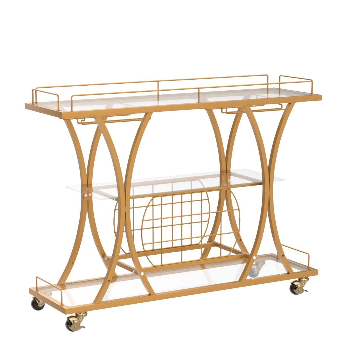 HOMYSHOPY Bar Serving Cart with Glass Holder and Wine Rack, 3-Tier Kitchen Trolley Tempered Shelves Gold-Finished Metal Frame, Mobile for Home (Gold)