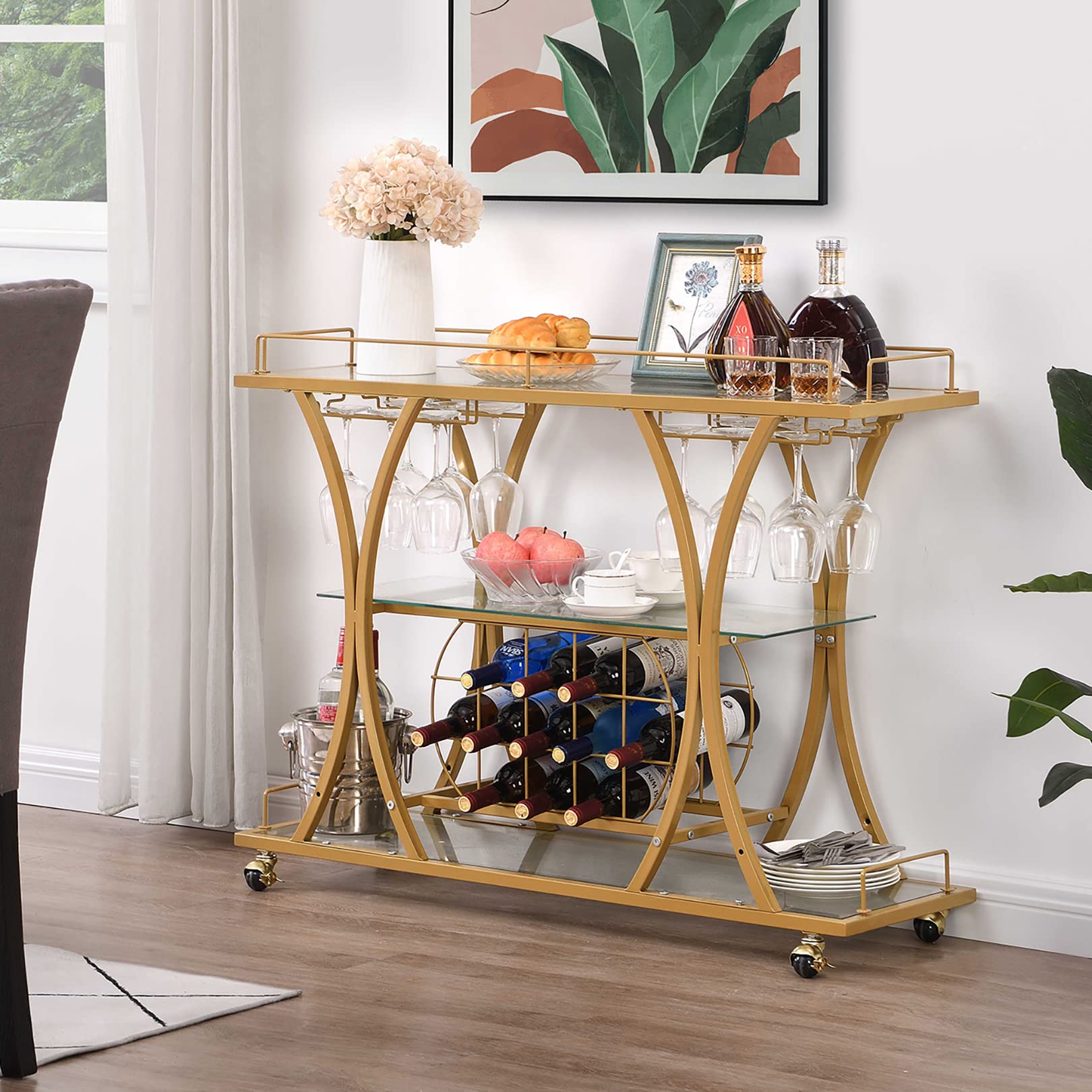 HOMYSHOPY Bar Serving Cart with Glass Holder and Wine Rack, 3-Tier Kitchen Trolley Tempered Shelves Gold-Finished Metal Frame, Mobile for Home (Gold)