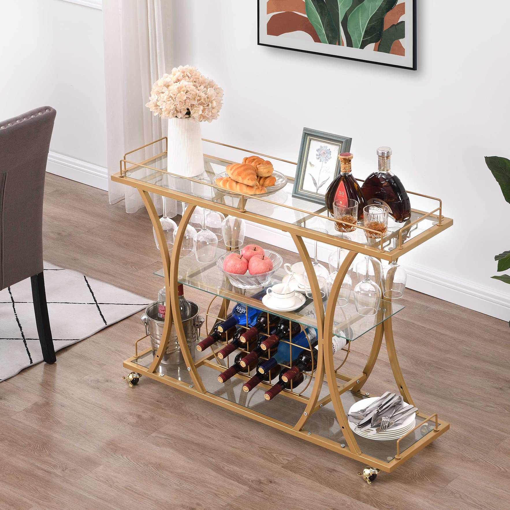 HOMYSHOPY Bar Serving Cart with Glass Holder and Wine Rack, 3-Tier Kitchen Trolley Tempered Shelves Gold-Finished Metal Frame, Mobile for Home (Gold)