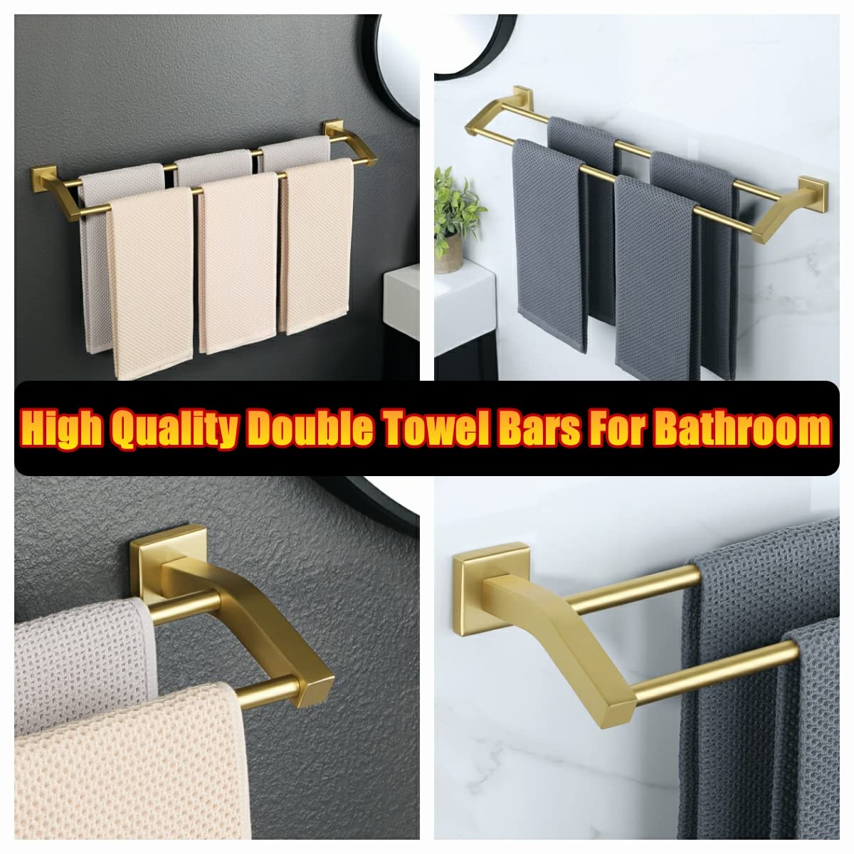 Alise Bath Double Towel Bars Towel Racks for Bathroom Lavatory,Wall Mount Towel Holder Heavy Duty SUS304 Stainless Steel Towel Hanger Towel Rail,Brushed Gold Finish,24 Inch