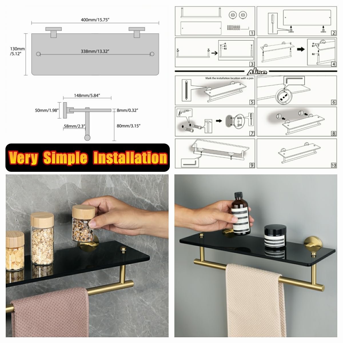 Alise Bathroom Shelves Glass Shelf with Bar,Wall Mount Floating Shelves for Bathroom,SUS304 Stainless Steel Tempered Glass Holder Storage Organizer,Gold and Black GDL400BAR-GB