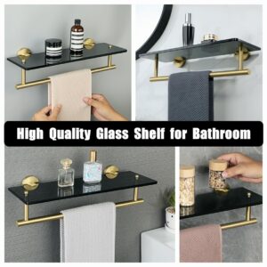 Alise Bathroom Shelves Glass Shelf with Bar,Wall Mount Floating Shelves for Bathroom,SUS304 Stainless Steel Tempered Glass Holder Storage Organizer,Gold and Black GDL400BAR-GB