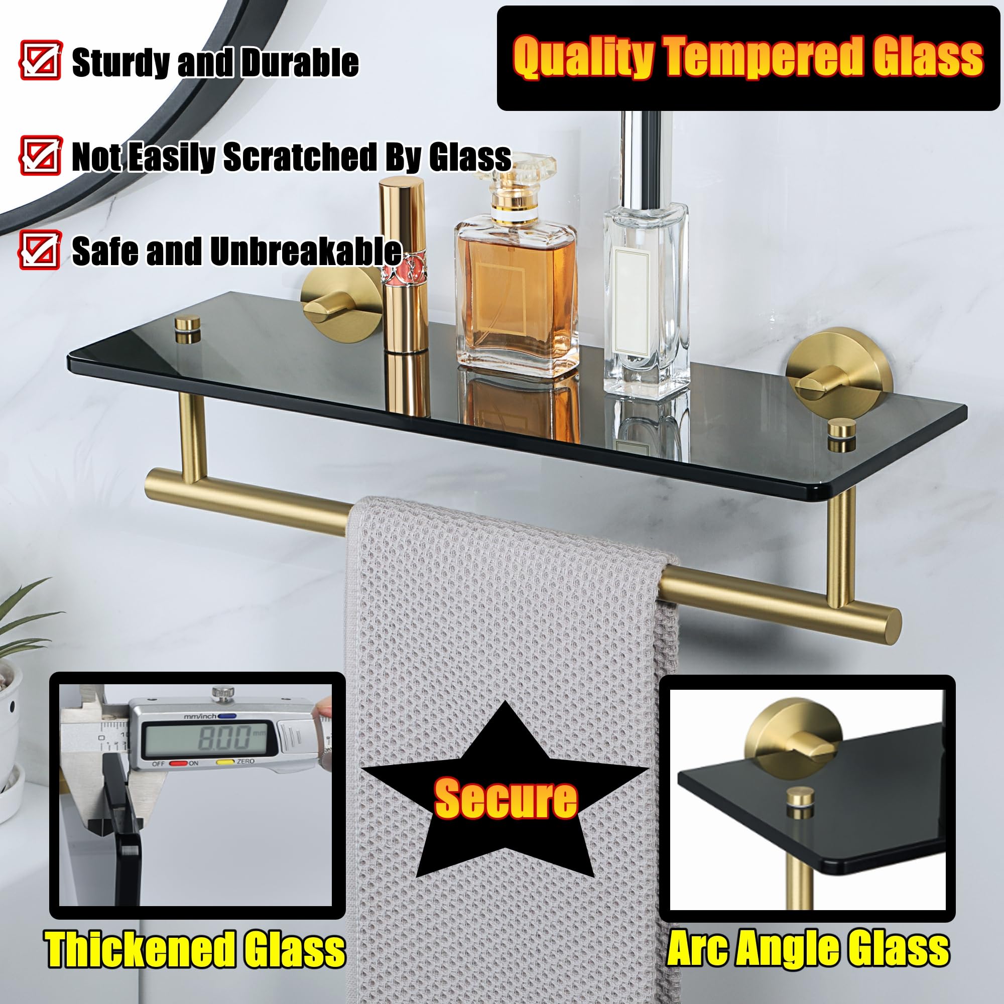 Alise Bathroom Shelves Glass Shelf with Bar,Wall Mount Floating Shelves for Bathroom,SUS304 Stainless Steel Tempered Glass Holder Storage Organizer,Gold and Black GDL400BAR-GB