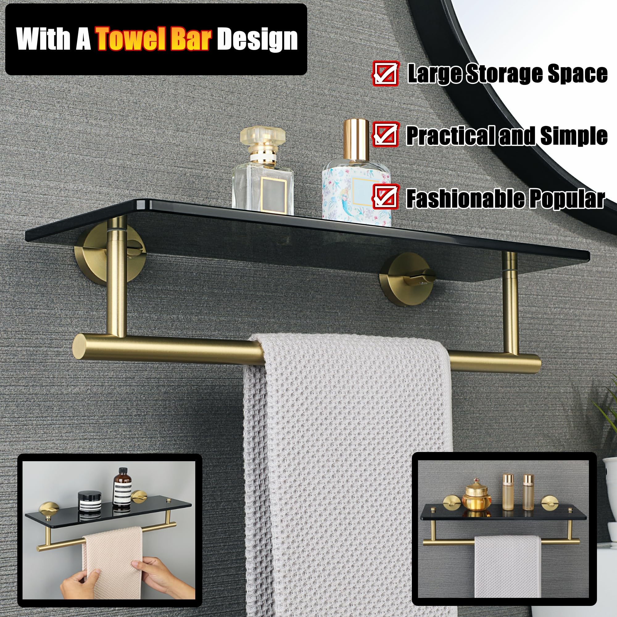 Alise Bathroom Shelves Glass Shelf with Bar,Wall Mount Floating Shelves for Bathroom,SUS304 Stainless Steel Tempered Glass Holder Storage Organizer,Gold and Black GDL400BAR-GB