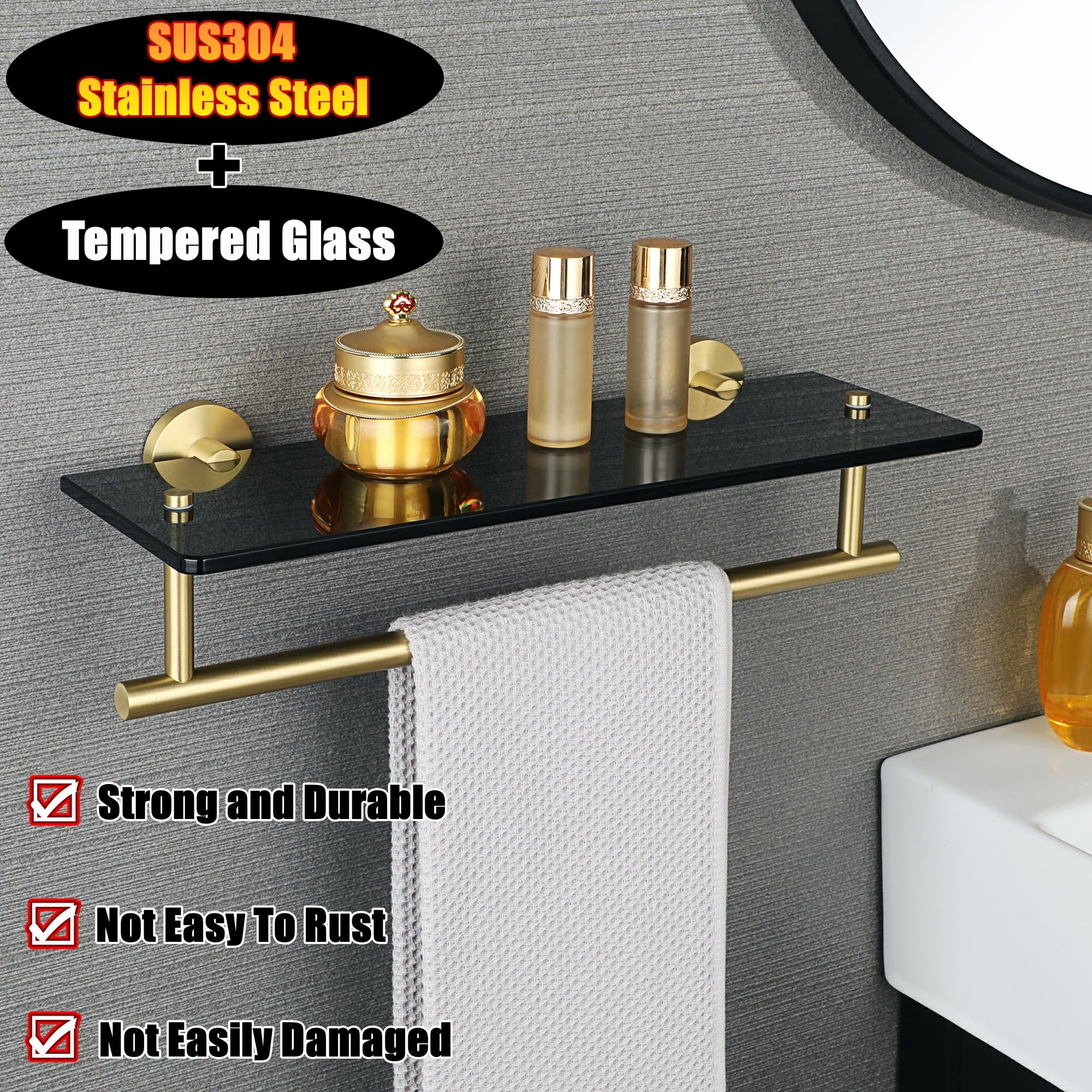 Alise Bathroom Shelves Glass Shelf with Bar,Wall Mount Floating Shelves for Bathroom,SUS304 Stainless Steel Tempered Glass Holder Storage Organizer,Gold and Black GDL400BAR-GB