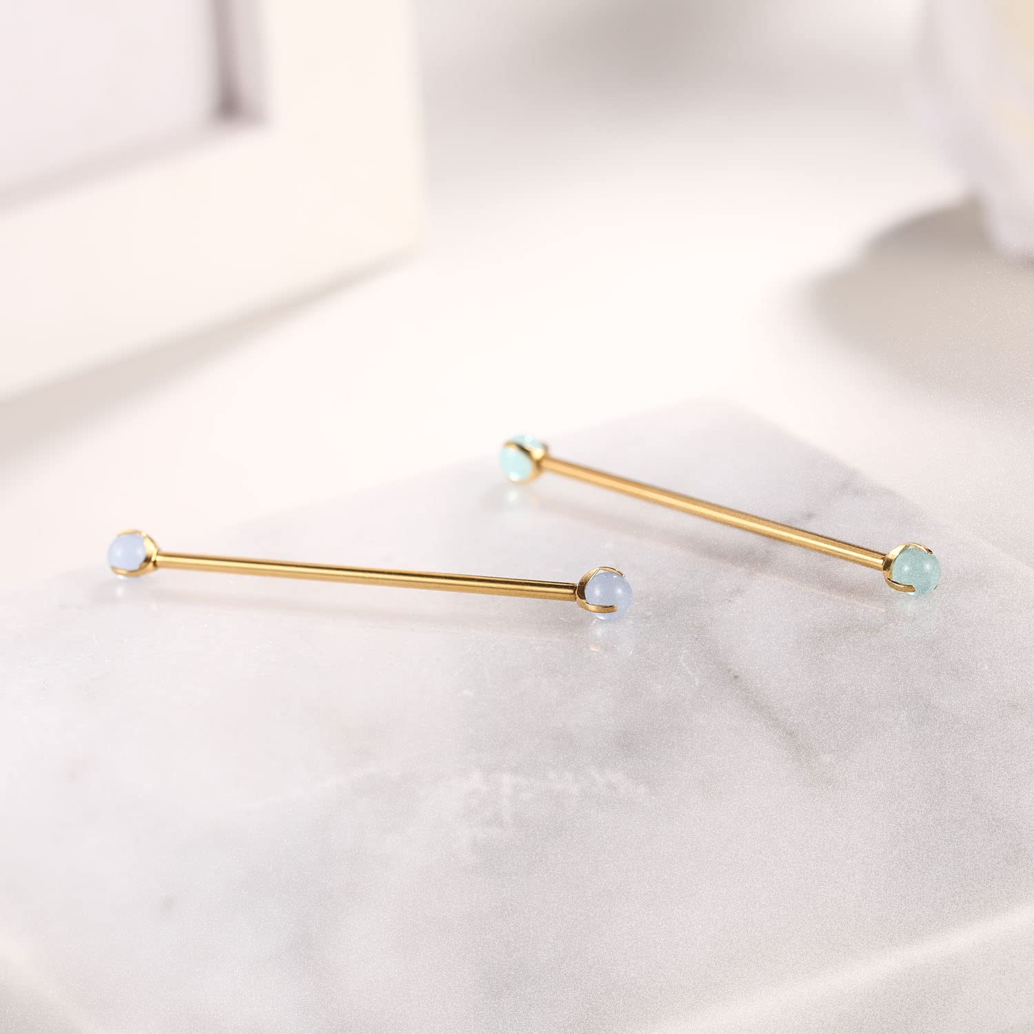 Industrial Bar 14G Industrial Earrings Surgical Steel Industrial Barbell Gold with Green Imitation Jade Industrial Piercing Jewelry Industrial Bar Piercing Body Piercing Jewelry 1 1/2 Inch 38mm