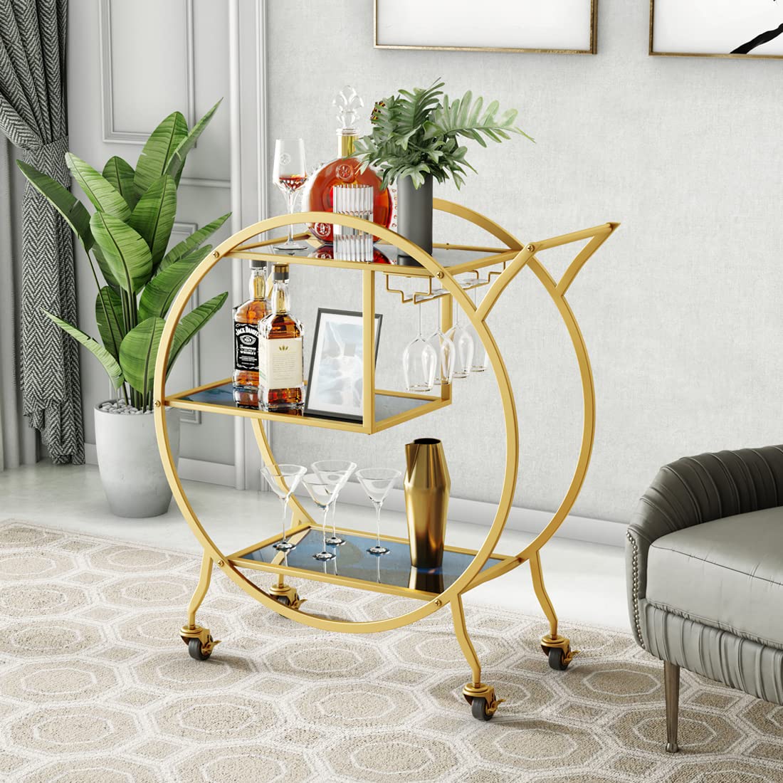 HEONITURE Bar Cart, Upgraded 3 Tier Gold Bar Serving Cart with Glass Holder and Wheels, Metal Handle Round Bar Carts for The Home, Kitchen, Living Room