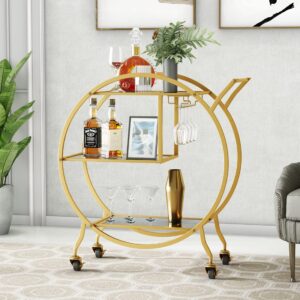 HEONITURE Bar Cart, Upgraded 3 Tier Gold Bar Serving Cart with Glass Holder and Wheels, Metal Handle Round Bar Carts for The Home, Kitchen, Living Room