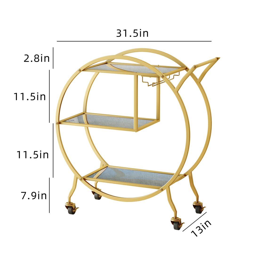 HEONITURE Bar Cart, Upgraded 3 Tier Gold Bar Serving Cart with Glass Holder and Wheels, Metal Handle Round Bar Carts for The Home, Kitchen, Living Room