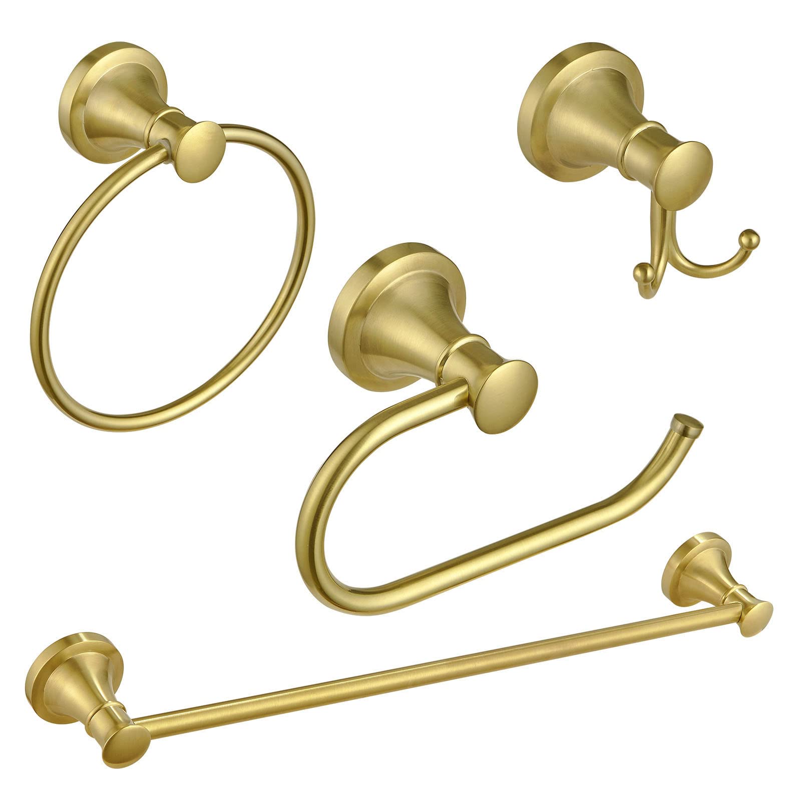 BESy Brushed Gold 4 Piece Bathroom Accessories Set (Single Towel Bar, Towel Ring, Toilet Paper Holder, Double Towel Hooks), Wall Mounted Bath Hardware Accessory Fixtures Set