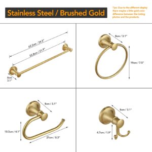 BESy Brushed Gold 4 Piece Bathroom Accessories Set (Single Towel Bar, Towel Ring, Toilet Paper Holder, Double Towel Hooks), Wall Mounted Bath Hardware Accessory Fixtures Set