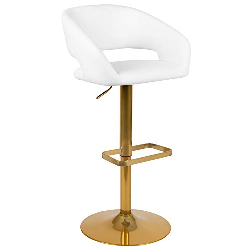 Flash Furniture Erik Contemporary Adjustable Height Barstool with Footrest and Rounded Mid-Back, Upholstered Bar or Counter Height Stool, White/Gold