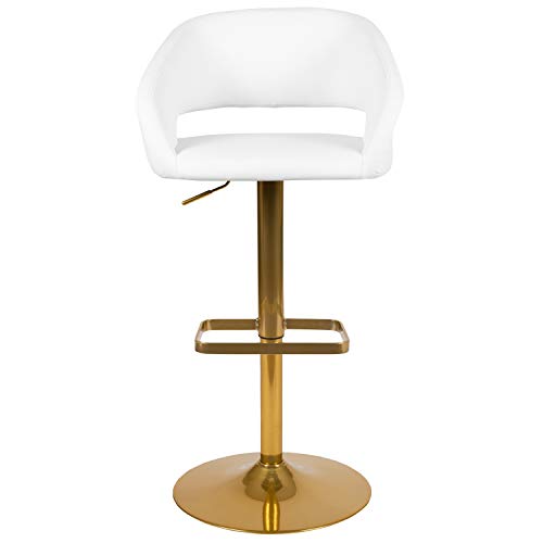 Flash Furniture Erik Contemporary Adjustable Height Barstool with Footrest and Rounded Mid-Back, Upholstered Bar or Counter Height Stool, White/Gold