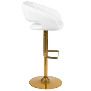 Flash Furniture Erik Contemporary Adjustable Height Barstool with Footrest and Rounded Mid-Back, Upholstered Bar or Counter Height Stool, White/Gold