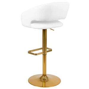 Flash Furniture Erik Contemporary Adjustable Height Barstool with Footrest and Rounded Mid-Back, Upholstered Bar or Counter Height Stool, White/Gold