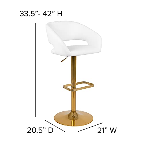 Flash Furniture Erik Contemporary Adjustable Height Barstool with Footrest and Rounded Mid-Back, Upholstered Bar or Counter Height Stool, White/Gold