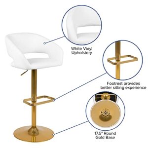 Flash Furniture Erik Contemporary Adjustable Height Barstool with Footrest and Rounded Mid-Back, Upholstered Bar or Counter Height Stool, White/Gold