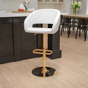 Flash Furniture Erik Contemporary Adjustable Height Barstool with Footrest and Rounded Mid-Back, Upholstered Bar or Counter Height Stool, White/Gold