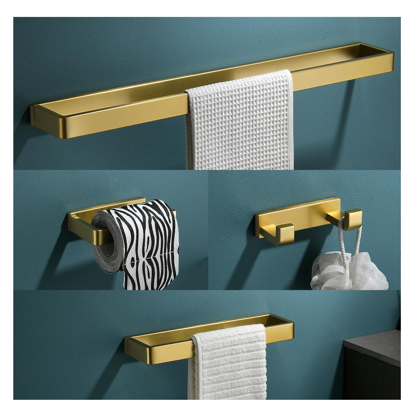 YACVCL Bathroom Hardware Set Brushed Gold 4-Piece Towel Bar Set Square Bathroom Accessories Kit Stainless Steel Wall Mounted