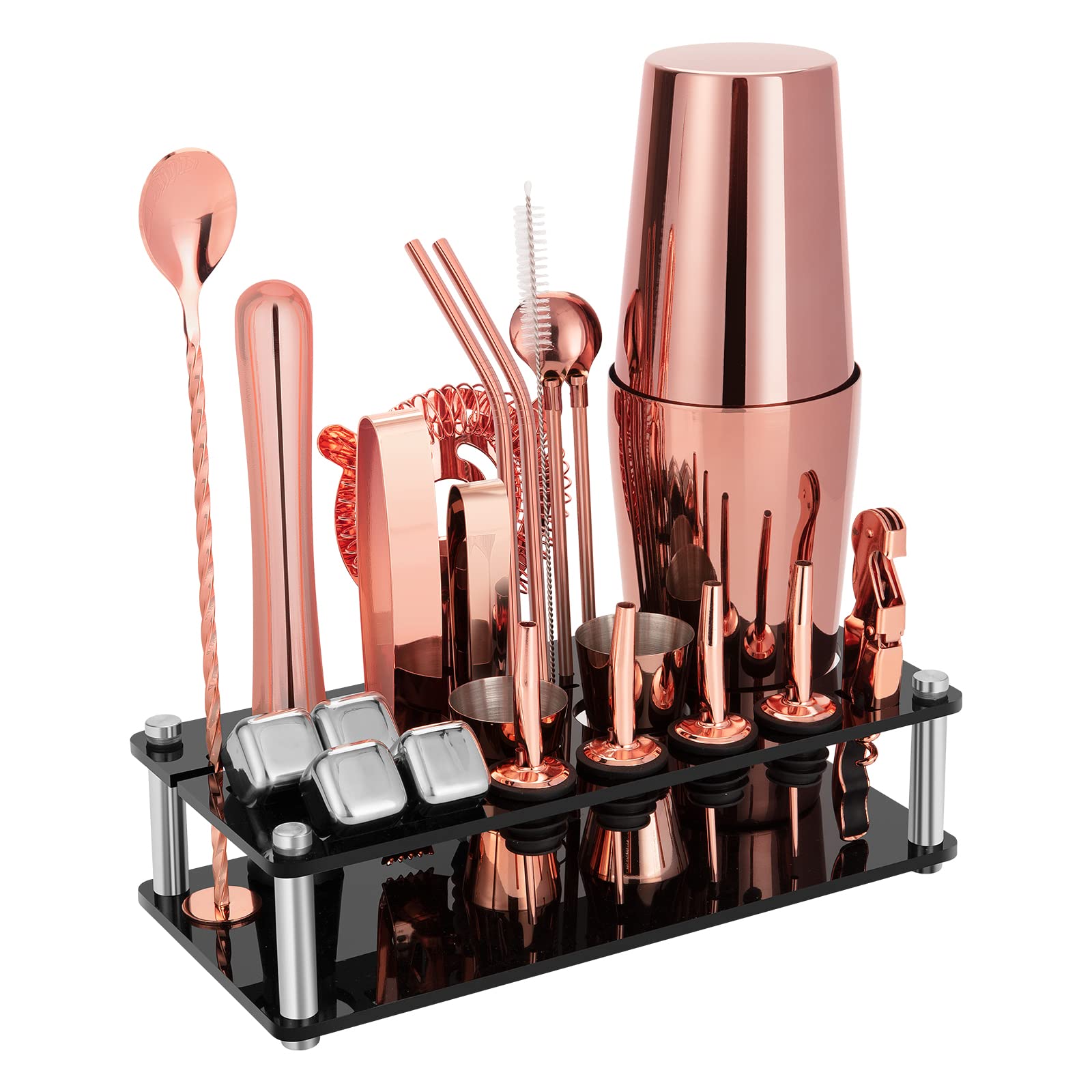 Cocktail Shaker Set, 23-Piece Boston Stainless Steel Bartender Kit with Acrylic Stand & Cocktail Recipes Booklet, Professional Bar Tools for Drink Mixing, Home, Bar, Party - Gold Rose