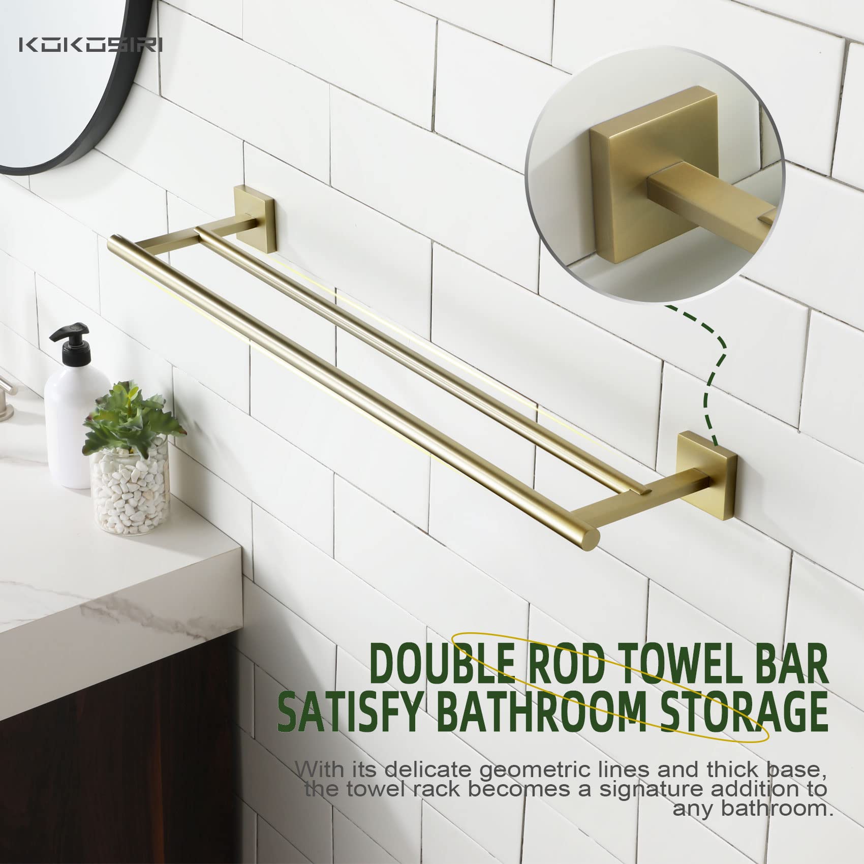 KOKOSIRI Bathroom Towel Bars Double Bath Towel Holders for Toilet Kitchen Cabinet Wall Mount 24 Inch Brushed Gold Stainless Steel B5005BG-L24