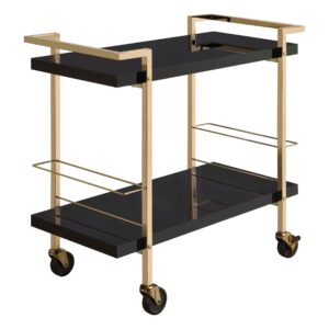 osp home furnishings alios modern serving cart, black gloss finish and gold frame