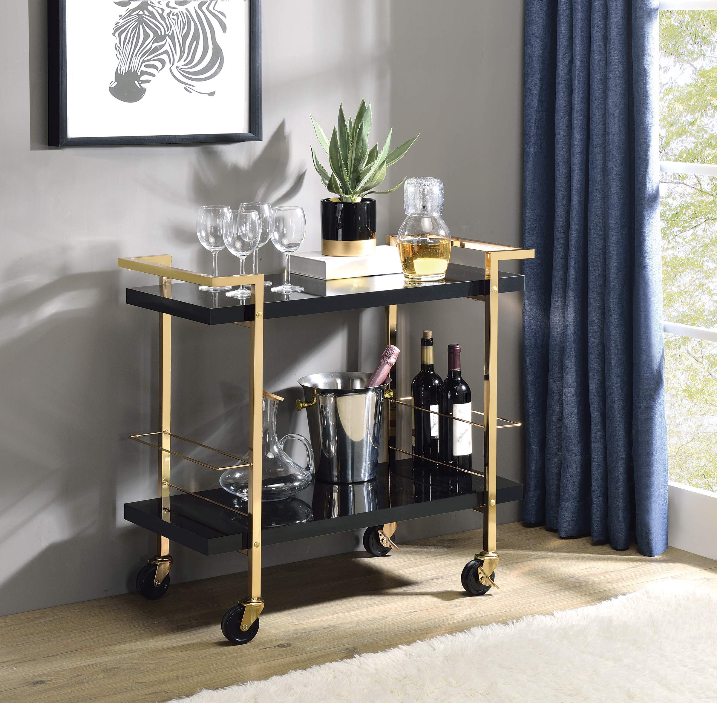 OSP Home Furnishings Alios Modern Serving Cart, Black Gloss Finish and Gold Frame