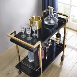 OSP Home Furnishings Alios Modern Serving Cart, Black Gloss Finish and Gold Frame