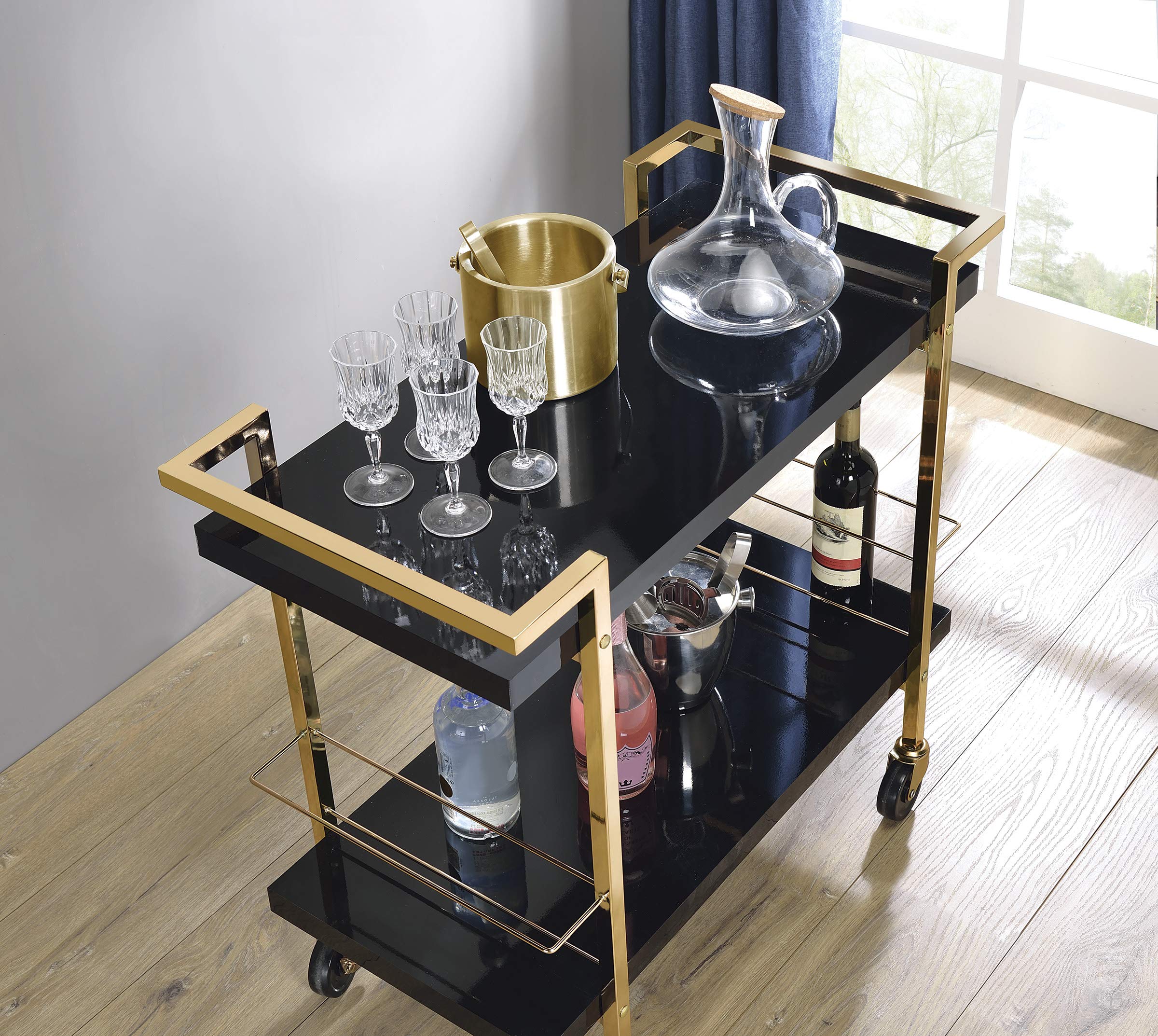 OSP Home Furnishings Alios Modern Serving Cart, Black Gloss Finish and Gold Frame