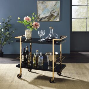 OSP Home Furnishings Alios Modern Serving Cart, Black Gloss Finish and Gold Frame