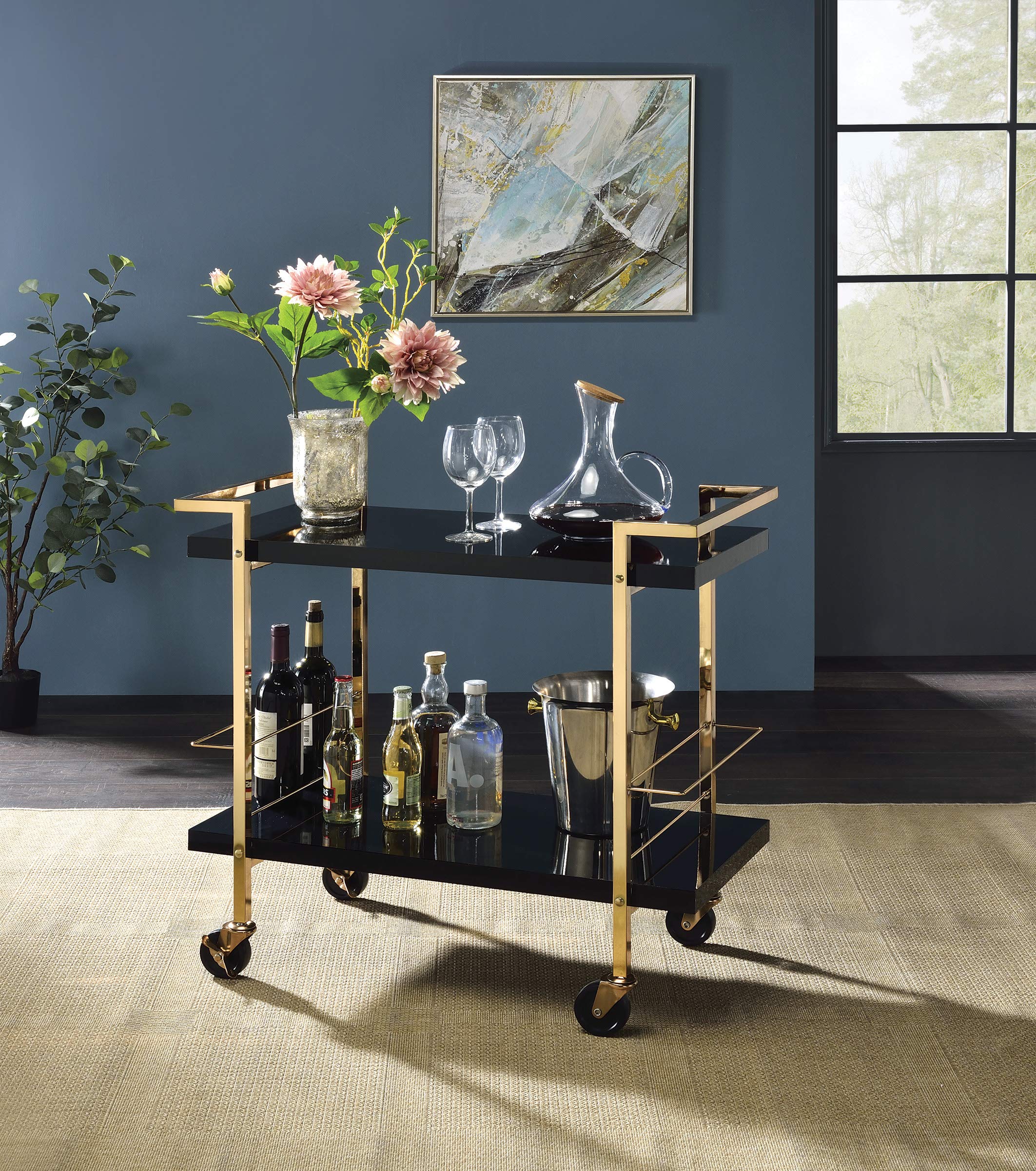 OSP Home Furnishings Alios Modern Serving Cart, Black Gloss Finish and Gold Frame