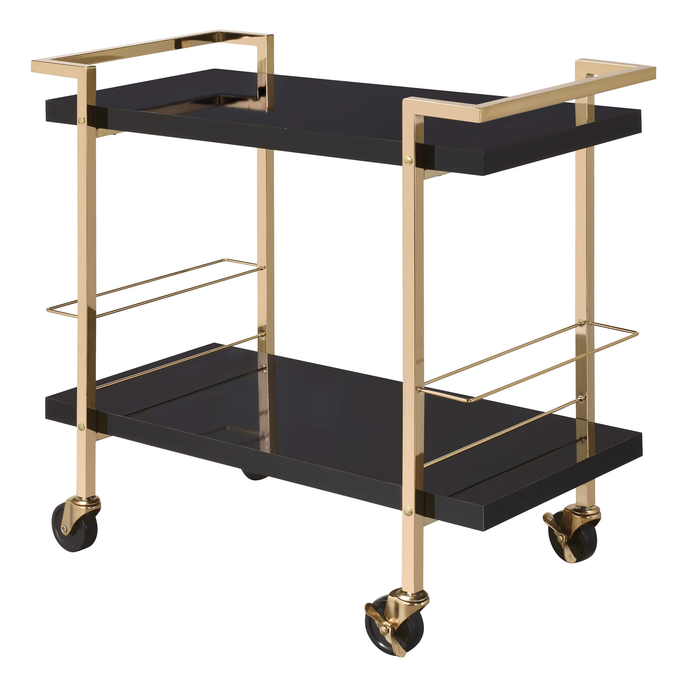 OSP Home Furnishings Alios Modern Serving Cart, Black Gloss Finish and Gold Frame