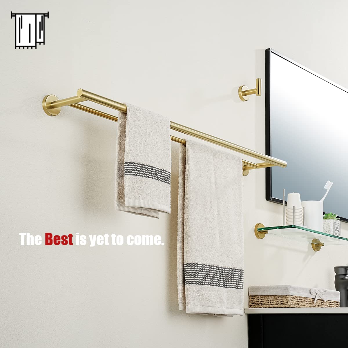 JQK Double Bath Towel Bar, Brushed Gold 30 Inch 304 Stainless Steel Thicken 0.8mm Towel Rack for Bathroom, Towel Holder Wall Mount, 33 in Total Length, TB100L30-BG