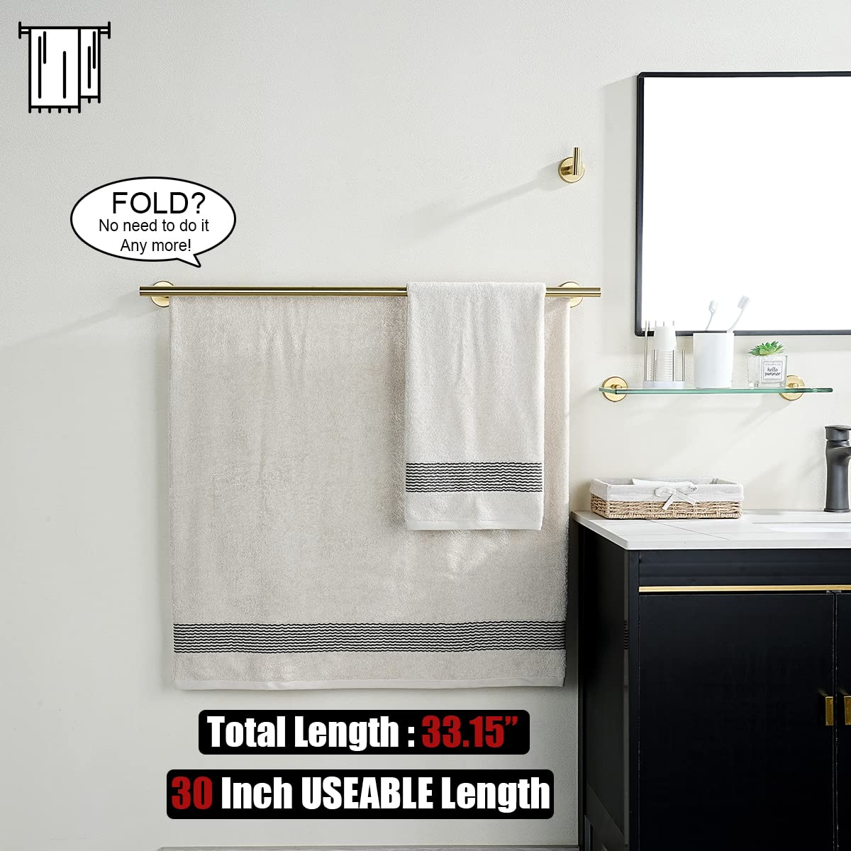 JQK Double Bath Towel Bar, Brushed Gold 30 Inch 304 Stainless Steel Thicken 0.8mm Towel Rack for Bathroom, Towel Holder Wall Mount, 33 in Total Length, TB100L30-BG