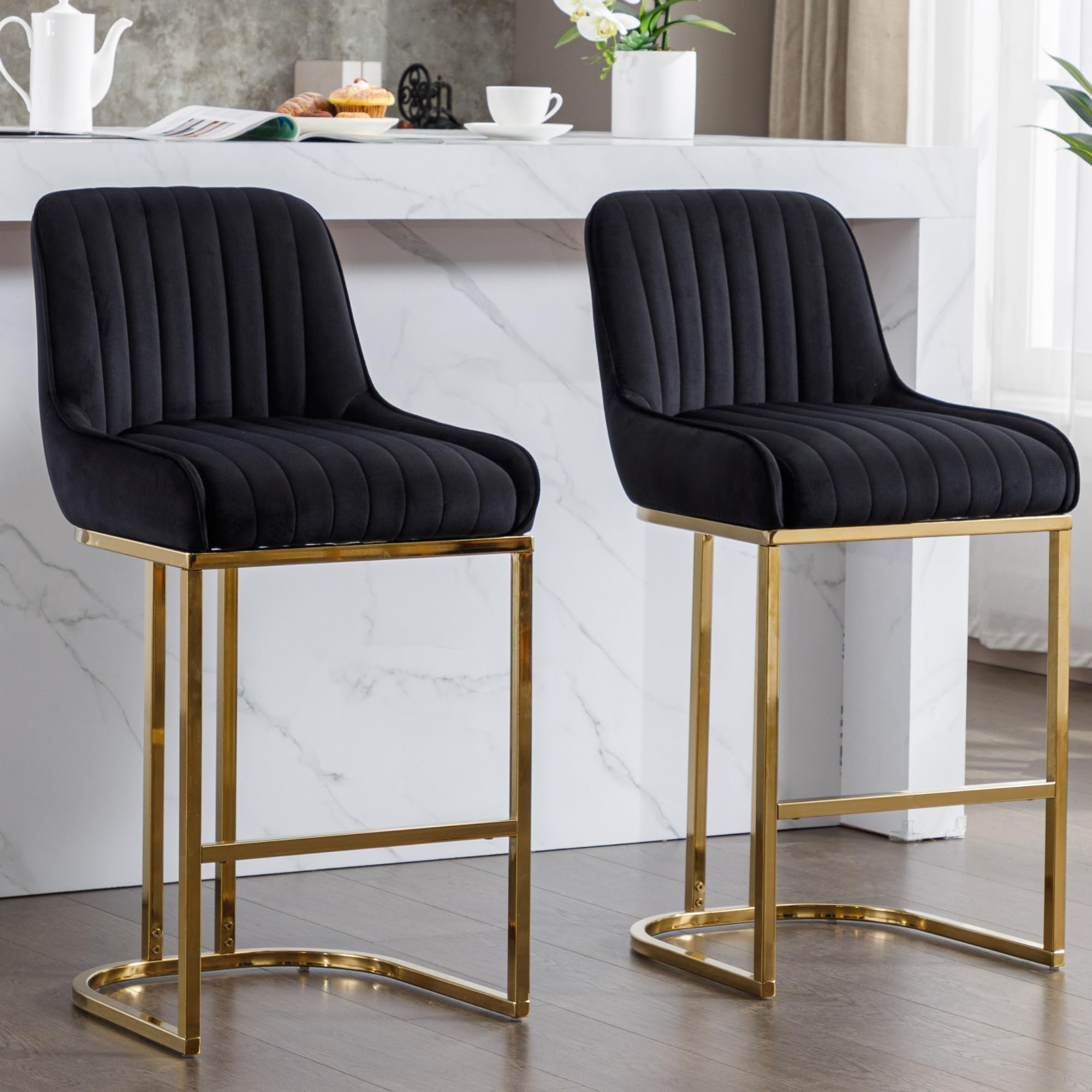 Shunzhi Modern Counter Height Bar Stools Set of 2 Black Bar Stools with Back/Gold Legs Upholstered Velvet Barstools 26'' Kitchen Counter Stools Bar Chairs for Kitchen Island Home Bar Pub